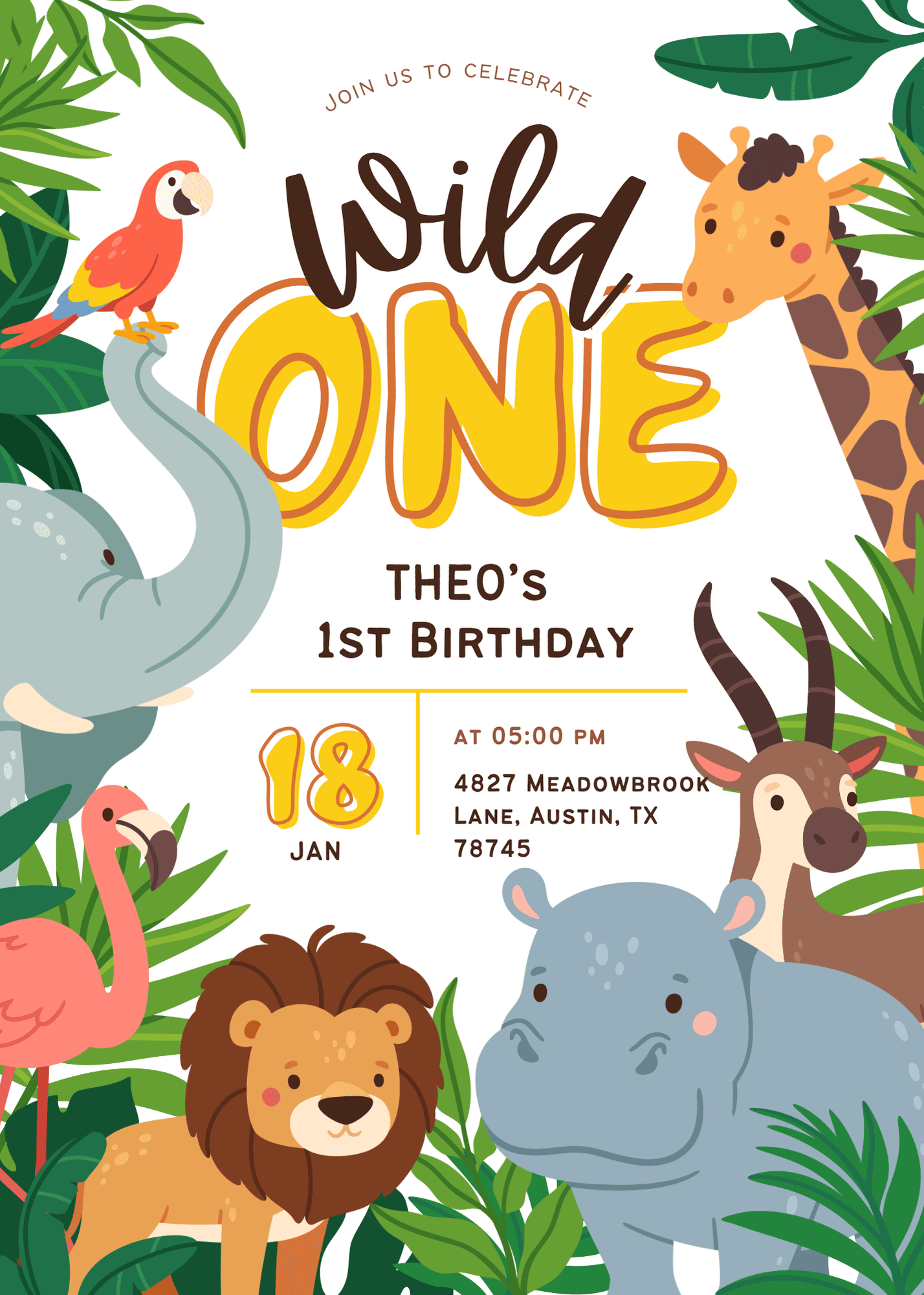 Wild One Animals Tropics Birthday Invitation