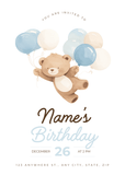 Teddy and Balloons Blue Birthday Invitation
