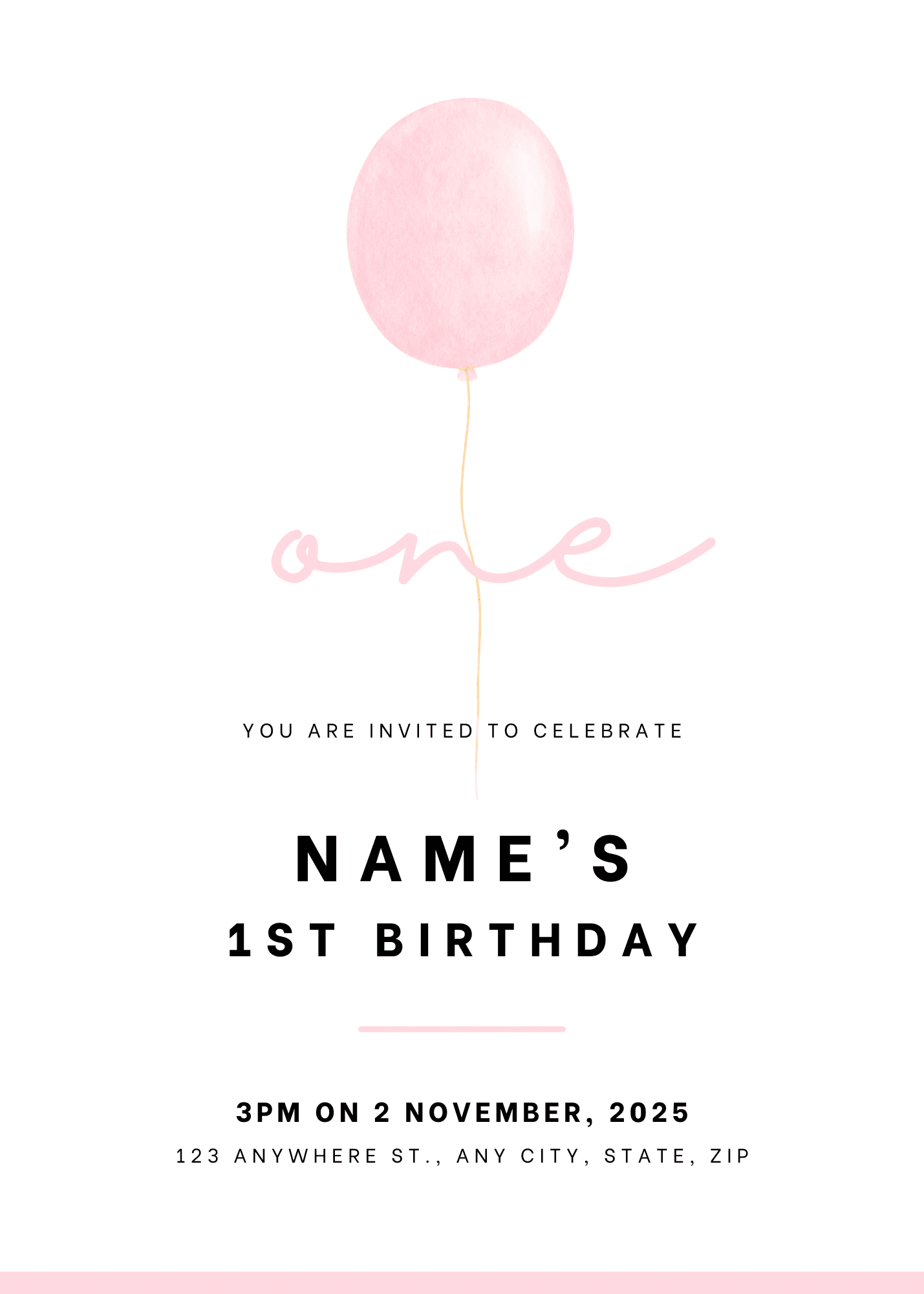 One Balloon Birthday Invitation - Pink