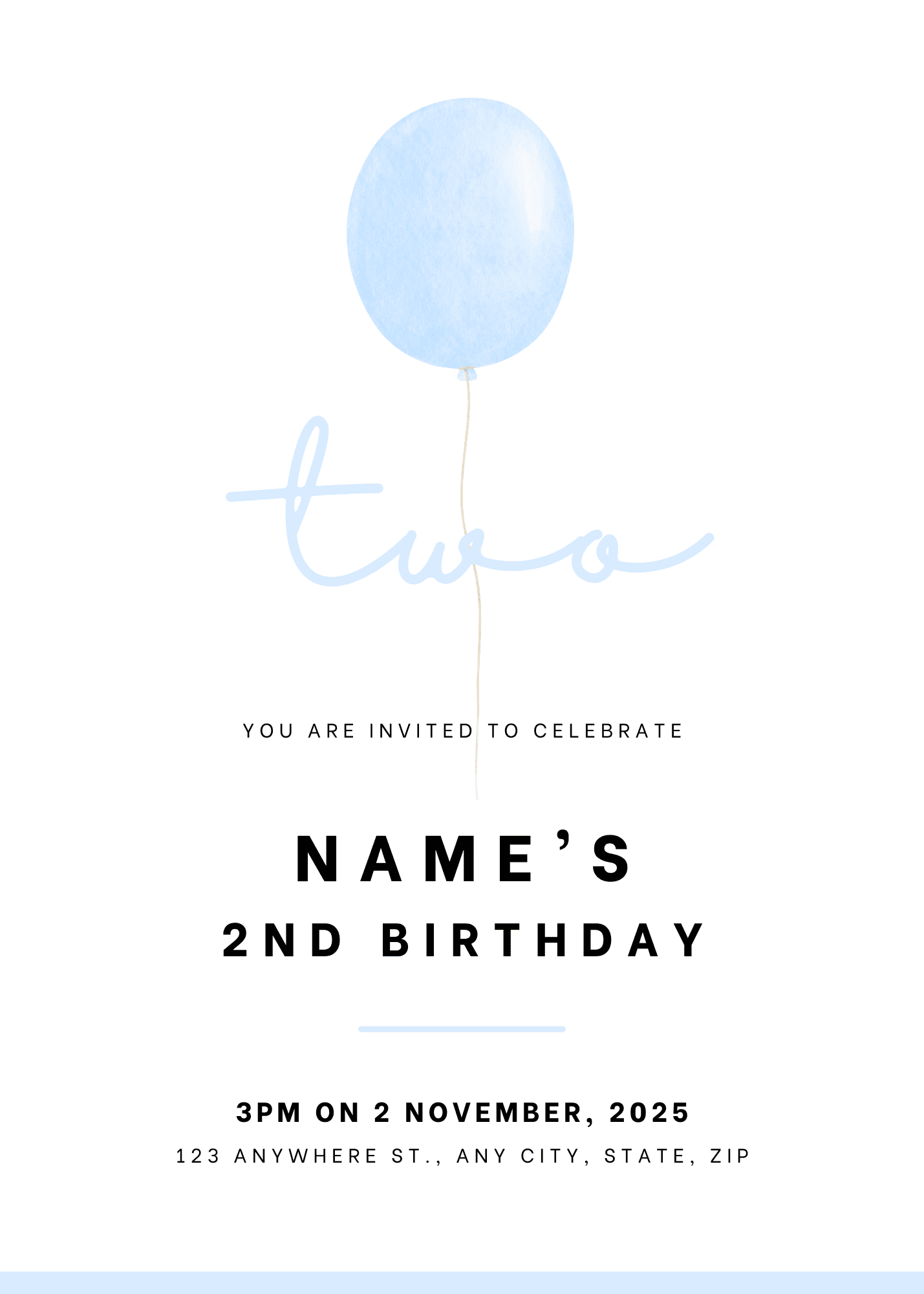 One Balloon Birthday Invitation - Blue