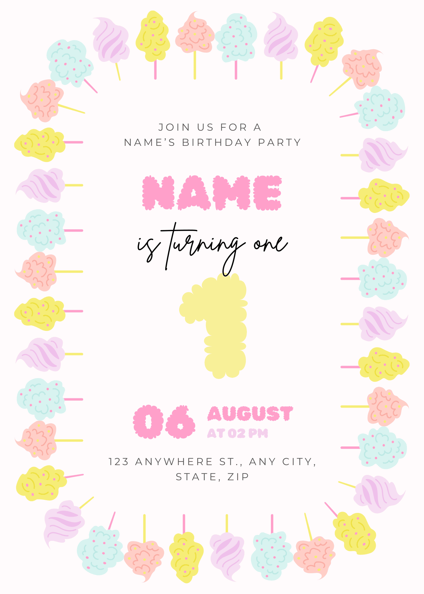 Cotton Candy Birthday Invitation - Rainbow
