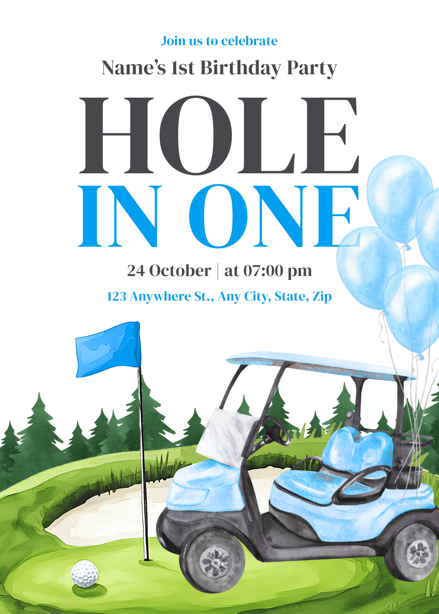 Birthday - Hole in One - Golf Car - Blue