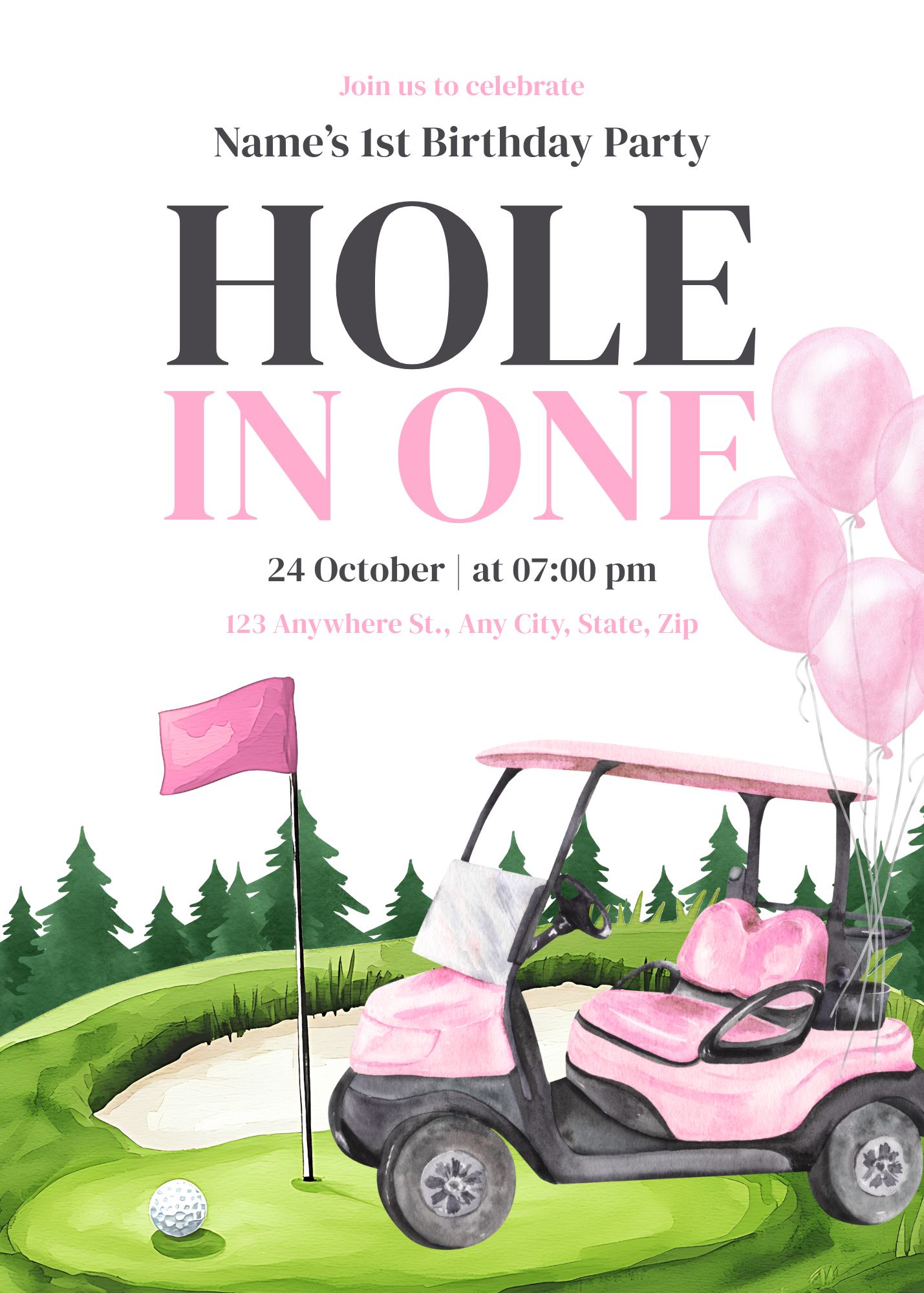 Birthday - Hole in One - Golf Car - Pink