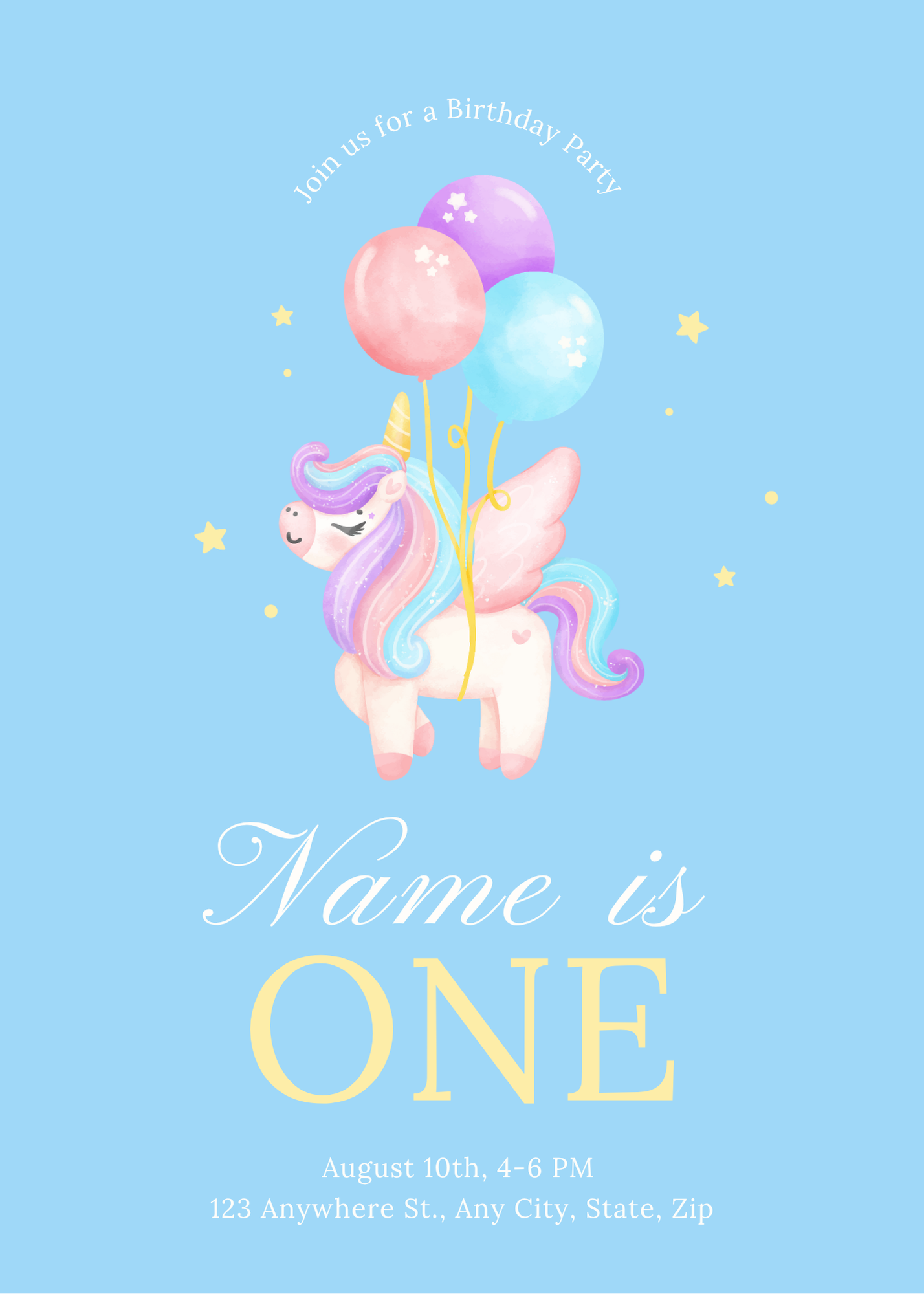Unicorn Balloons Birthday Invitation - Blue