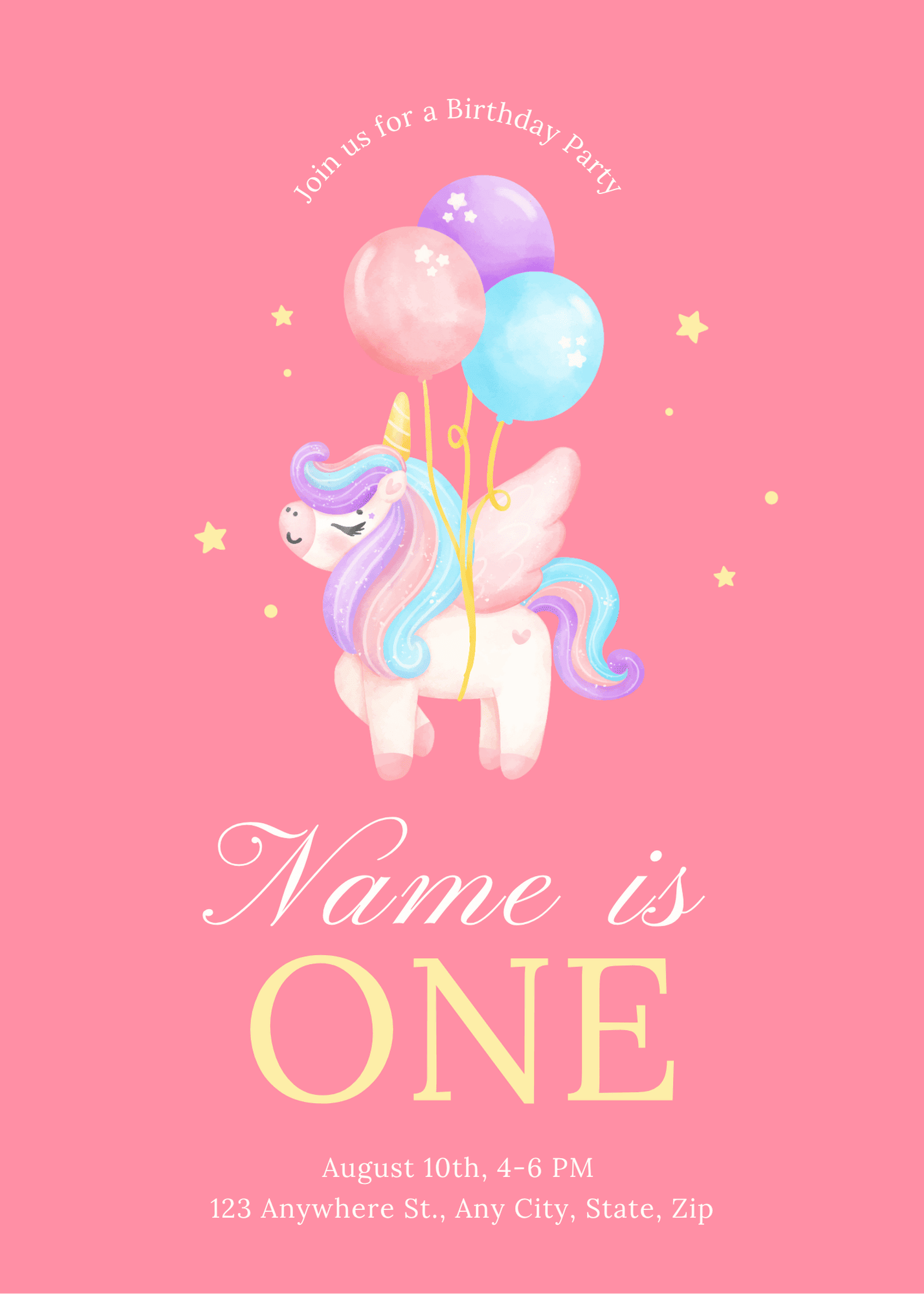 Unicorn Balloons Birthday Invitation - Pink