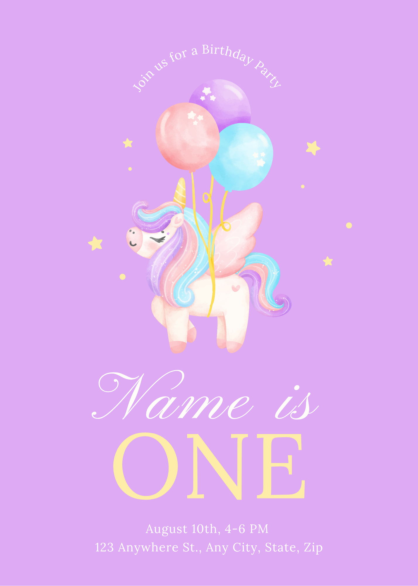 Unicorn Balloons Birthday Invitation - Purple