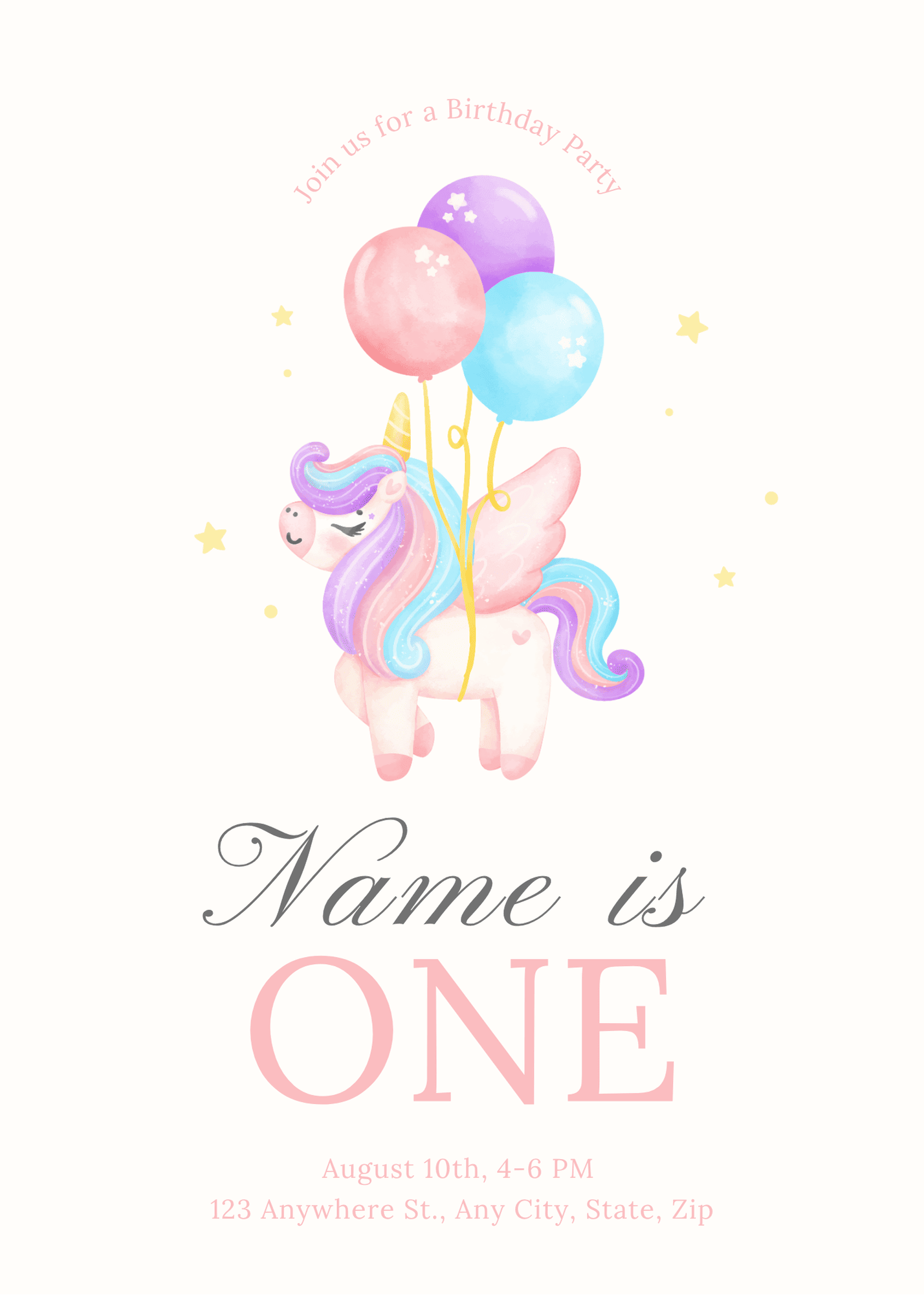 Unicorn Balloons Birthday Invitation - White