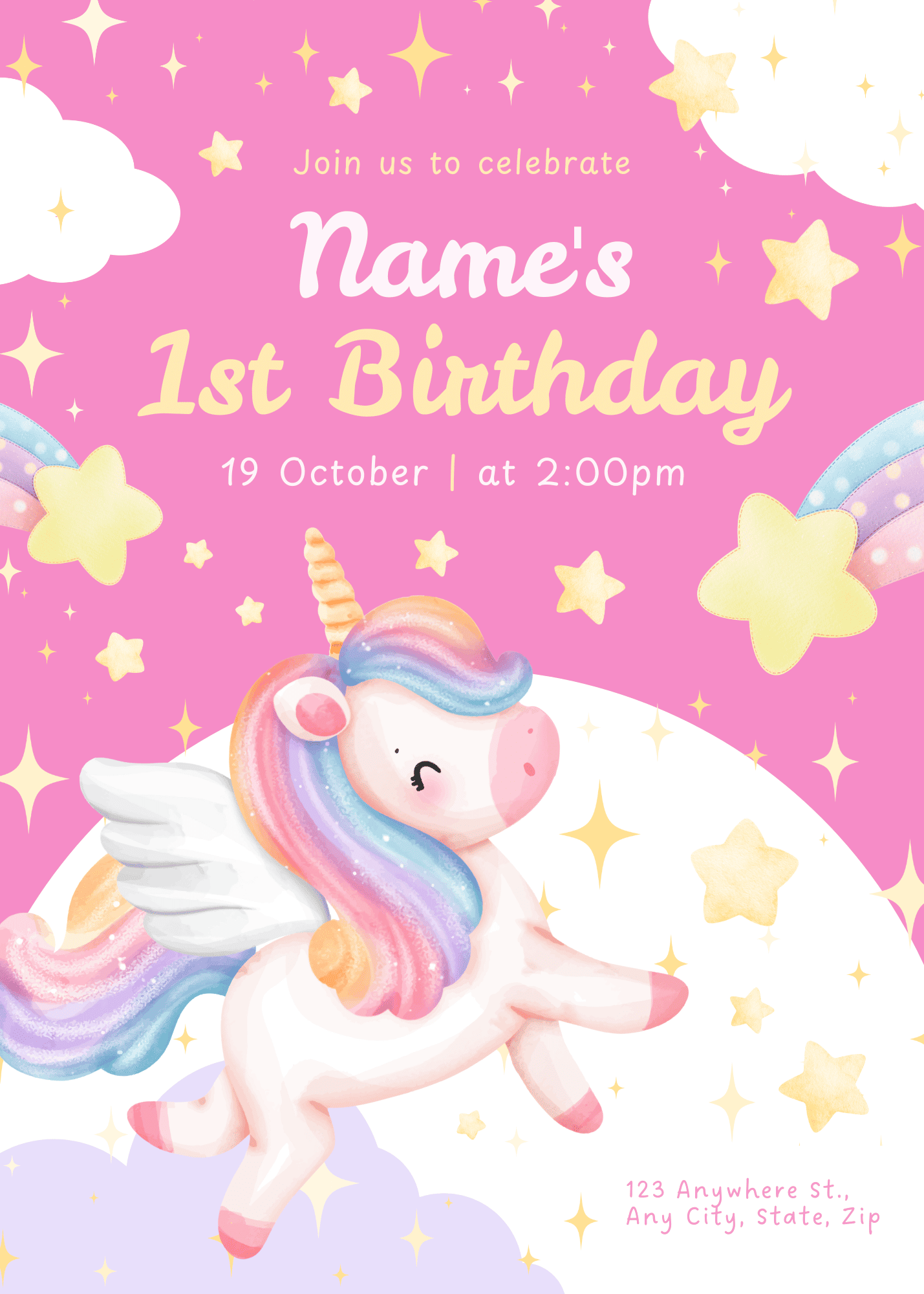 Unicorn Star Cloud Birthday Invitation