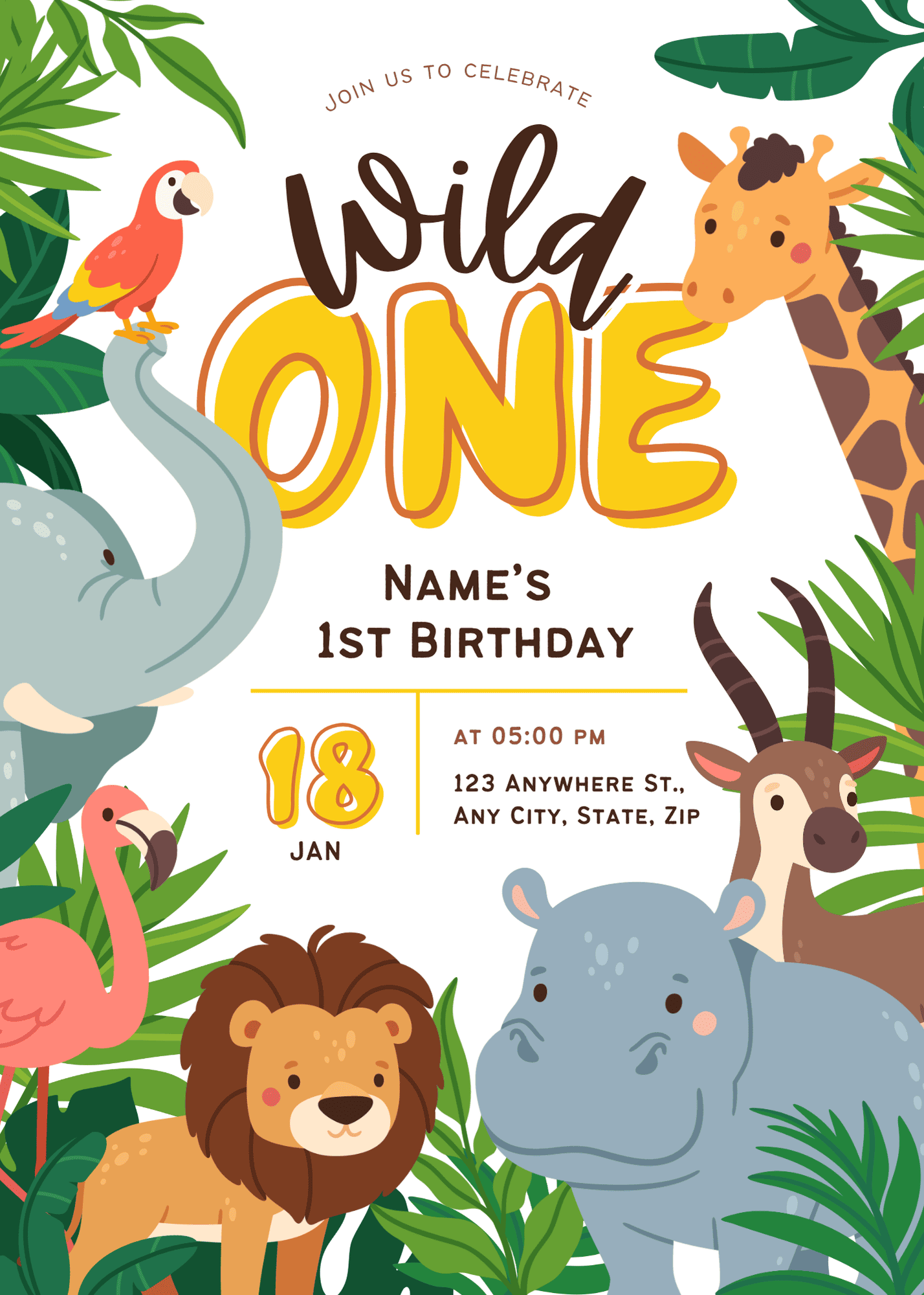 Wild One Birthday Invitation - Animals Tropics
