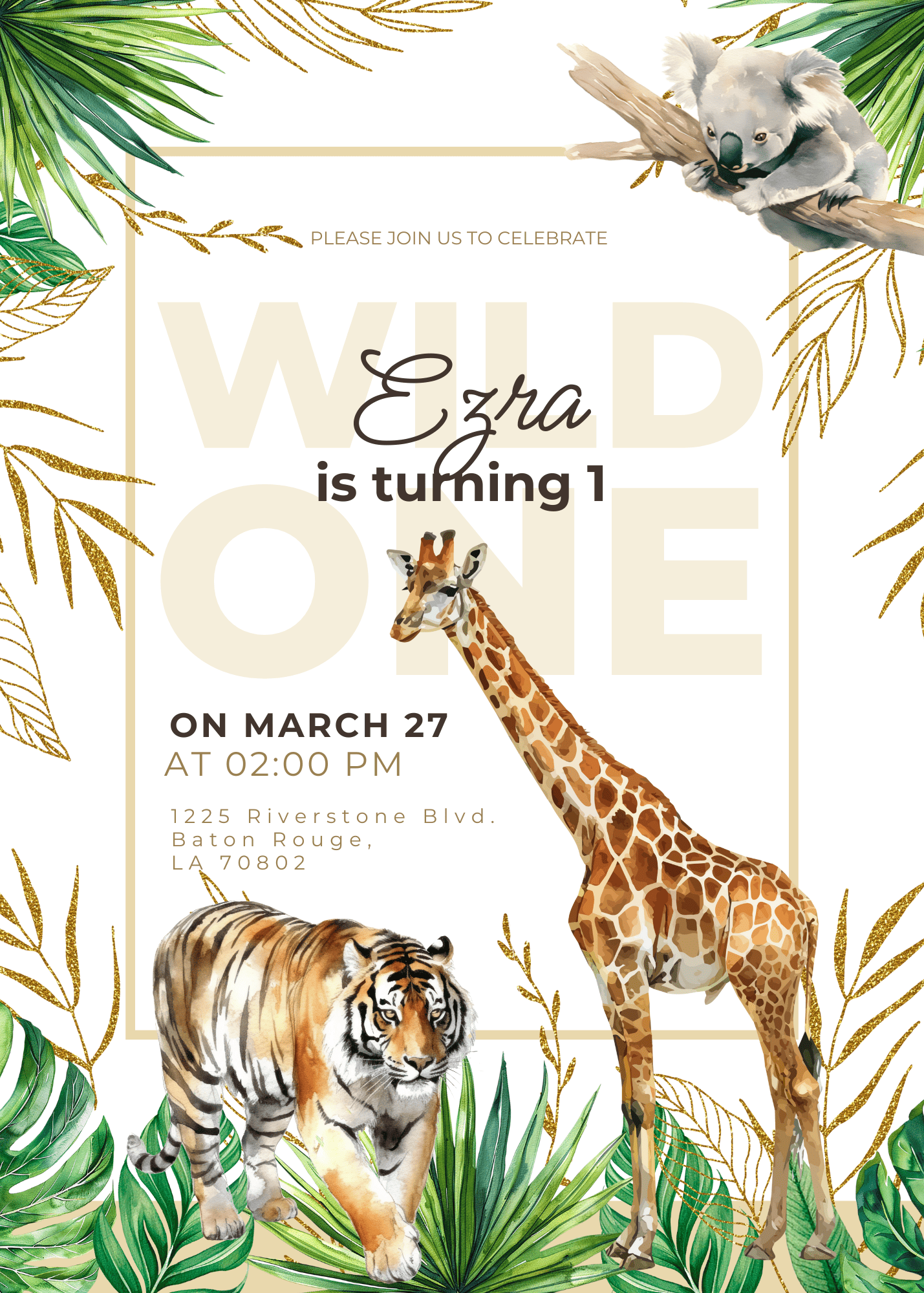 Wild One Gold Safari Animals Birthday Invitation