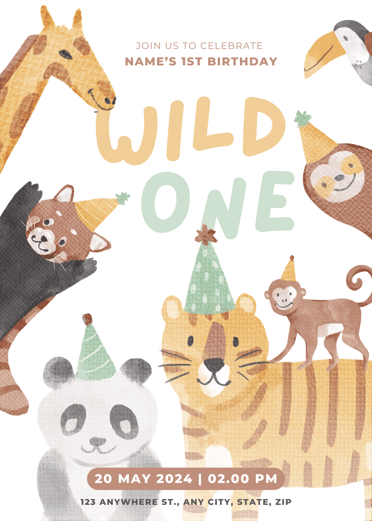 Wild One Birthday Invitation - Watercolor Animals
