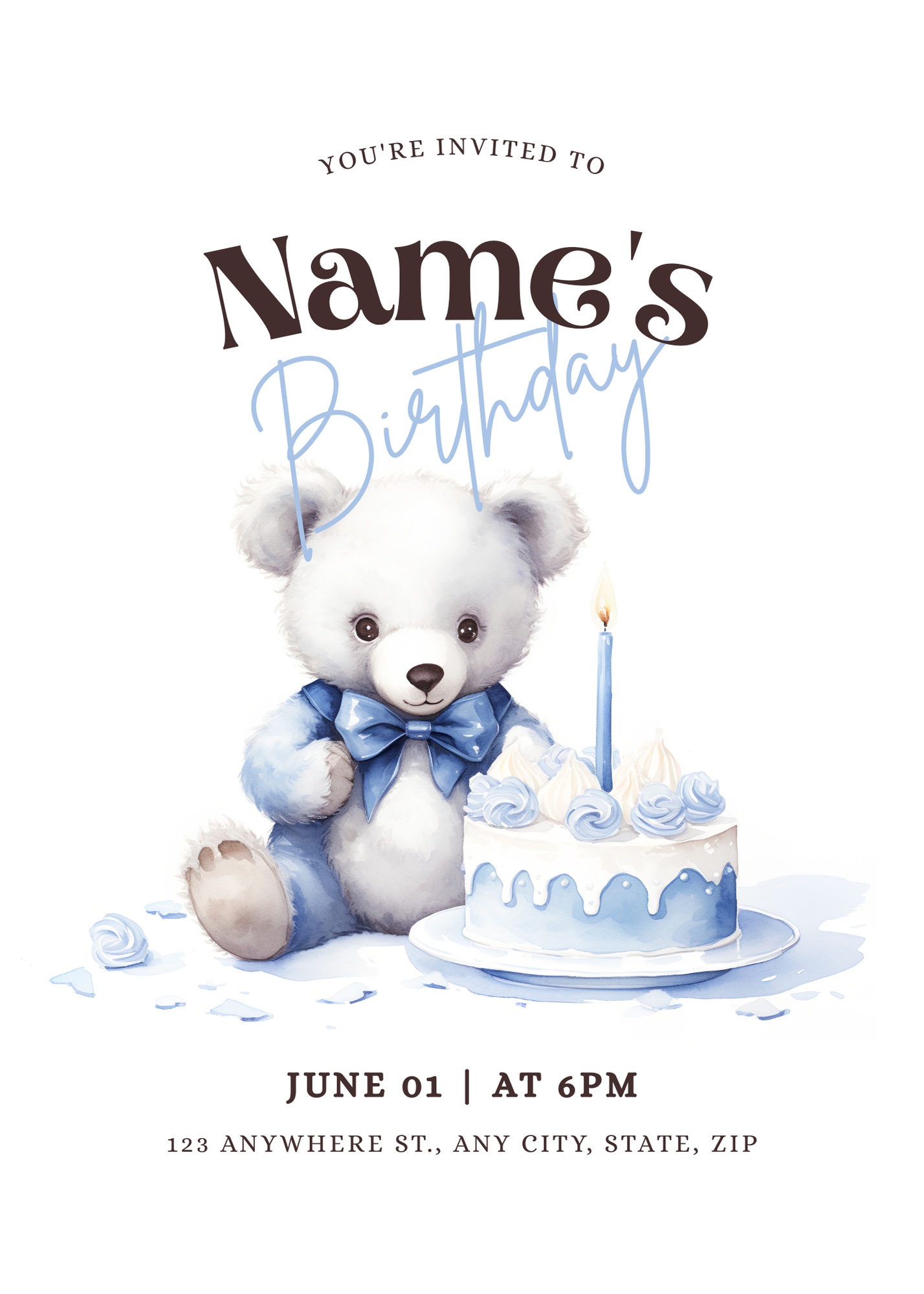 Teddy Bear and Cake Blue Birthday Invitation