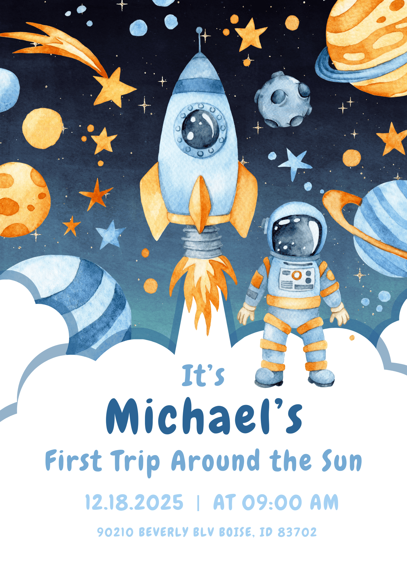 First Trip Around the Sun Astronaut Voyager Birthday Invitation