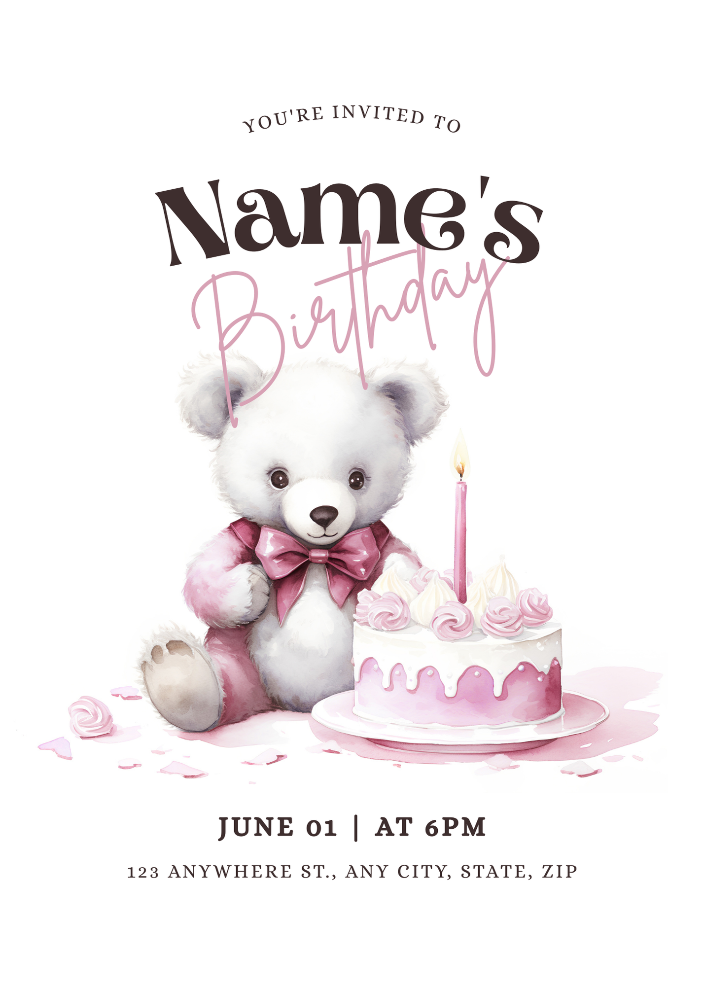 Teddy Bear and Cake Pink Birthday Invitation