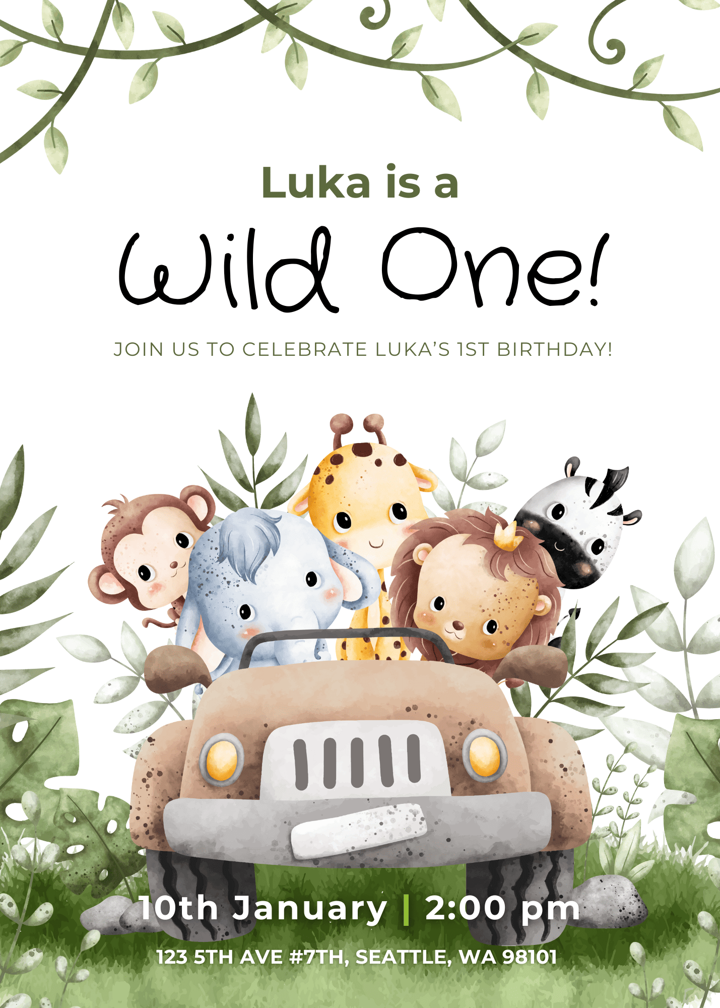 Wild One Baby Animals Car Birthday Invitation