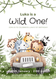 Wild One Baby Animals Car Birthday Invitation